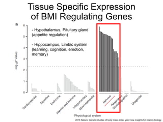 Tissue Specific Expression
of BMI Regulating Genes
2015 Nature. Genetic studies of body mass index yield new insights for obesity biology
- Hypothalamus, Pituitary gland
(appetite regulation)
- Hippocampus, Limbic system
(learning, cognition, emotion,
memory)
 