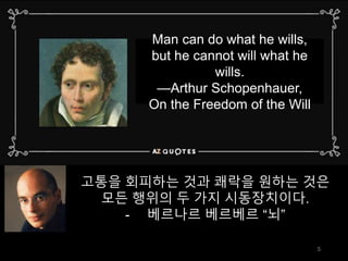 고통을 회피하는 것과 쾌락을 원하는 것은
모든 행위의 두 가지 시동장치이다.
Man can do what he wills,
but he cannot will what he
wills.
—Arthur Schopenhauer,
On the Freedom of the Will
5
고통을 회피하는 것과 쾌락을 원하는 것은
모든 행위의 두 가지 시동장치이다.
- 베르나르 베르베르 “뇌”
 