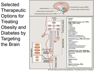 2015 Cell. Neural Control of Energy Balance- Translating Circuits to Therapies
Selected
Therapeutic
Options for
Treating
Obesity and
Diabetes by
Targeting
the Brain
 