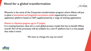 Need for a global transformation
Phoenix is the name of the Corporate transformation program where Allnex will put
in place a harmonized and integrated core process model supported by a common
application platform based on SAP supplemented by a range of existing applications.
Phoenix is a Business program not an IT project.
It is creating business value thru a new global process model that has to benefit Allnex
overall. Part of the processes will be enabled via a new IT platform but it is the people
that make it work.
We have to change the way we work!
 