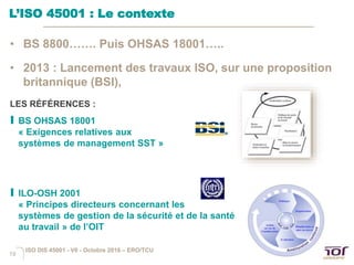 19
L’ISO 45001 : Le contexte
• BS 8800……. Puis OHSAS 18001…..
• 2013 : Lancement des travaux ISO, sur une proposition
britannique (BSI),
LES RÉFÉRENCES :
I BS OHSAS 18001
« Exigences relatives aux
systèmes de management SST »
I ILO-OSH 2001
« Principes directeurs concernant les
systèmes de gestion de la sécurité et de la santé
au travail » de l’OIT
ISO DIS 45001 - V6 - Octobre 2016 – ERO/TCU
 