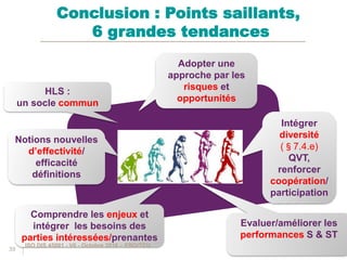 39
Conclusion : Points saillants,
6 grandes tendances
HLS :
un socle commun
Notions nouvelles
d’effectivité/
efficacité
définitions
Comprendre les enjeux et
intégrer les besoins des
parties intéressées/prenantes
Adopter une
approche par les
risques et
opportunités
Intégrer
diversité
(§7.4.e)
QVT,
renforcer
coopération/
participation
Evaluer/améliorer les
performances S & ST
ISO DIS 45001 - V6 - Octobre 2016 – ERO/TCU
 