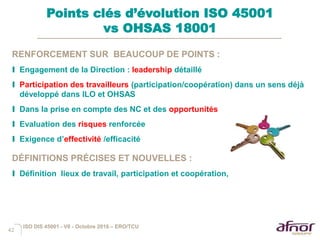 42
Points clés d’évolution ISO 45001
vs OHSAS 18001
RENFORCEMENT SUR BEAUCOUP DE POINTS :
I Engagement de la Direction : leadership détaillé
I Participation des travailleurs (participation/coopération) dans un sens déjà
développé dans ILO et OHSAS
I Dans la prise en compte des NC et des opportunités
I Evaluation des risques renforcée
I Exigence d’effectivité /efficacité
DÉFINITIONS PRÉCISES ET NOUVELLES :
I Définition lieux de travail, participation et coopération,
ISO DIS 45001 - V6 - Octobre 2016 – ERO/TCU
 