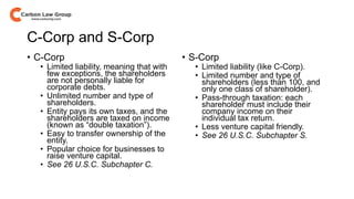 C-Corp and S-Corp
• C-Corp
• Limited liability, meaning that with
few exceptions, the shareholders
are not personally liable for
corporate debts.
• Unlimited number and type of
shareholders.
• Entity pays its own taxes, and the
shareholders are taxed on income
(known as “double taxation”).
• Easy to transfer ownership of the
entity.
• Popular choice for businesses to
raise venture capital.
• See 26 U.S.C. Subchapter C.
• S-Corp
• Limited liability (like C-Corp).
• Limited number and type of
shareholders (less than 100, and
only one class of shareholder).
• Pass-through taxation: each
shareholder must include their
company income on their
individual tax return.
• Less venture capital friendly.
• See 26 U.S.C. Subchapter S.
 