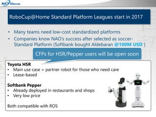 RoboCup@Home Standard Platform Leagues start in 2017
• Many teams need low-cost standardized platforms
• Companies know NA...