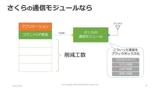 さくらの
通信モジュール
2016/10/15
(C) Copyright 1996-2016 SAKURA Internet Inc 18
I2C/SPI
アンテナ
モデム制御
省電力制御
TCP/IPスタック
コマンドI/F実装
アプリケーション
UART制御
こういった実装を
ブラックボックス化
削減工数
さくらの通信モジュールなら
 