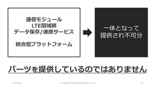 2016/10/15 (C) Copyright 1996-2016 SAKURA Internet Inc 29
通信モジュール
LTE閉域網
データ保存/連携サービス
統合型プラットフォーム
パーツを提供しているのではありません
一体となって
提供され不可分
 