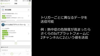 トリガーごとに異なるデータを
送信可能
例：熱中症の危険度が高まったら
さくらのIoTプラットフォームに
2チャンネルに2という値を送信
 
