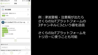 例：津波警報・注意報が出たら
さくらのIoTプラットフォームの
3チャンネルに3という値を送信
さくらのIoTプラットフォームを
トリガーに使うことも可能
 