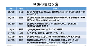 2016/10/15 (C) Copyright 1996-2016 SAKURA Internet Inc 58
日付 場所 タイトル
10/15 つくば IDCFクラウド＆SoftLayer 合同Meetup！in つくば vol.2 with
#さくらクラブ
10/15 愛媛 さくらクラブ愛媛 第5回勉強会 さくらでWebフォントを学ぼう！ With
AED(All Ehime Digitalcreators)
10/20 福岡 さくらクラブIoT福岡 Vol.2 ～ 祝β版リリース！さくらのIoT
Platformのハンズオン！～
11/5 福岡 Django_Fukuoka @ さくらクラブ福岡
11/10 大阪 さくらクラブとJAWS-UGとコミュニティ（仮）
11/16 島根 さくらクラブ松江 さくらのIoT Platform体験ハンズオン(予定)
11/23 東京 【仮想化の鉄人プロデュース 黒い画面も怖くないシリーズ：2】
WordPressを手作業で入れてみよう！ #さくらクラブ
今後の活動予定
 