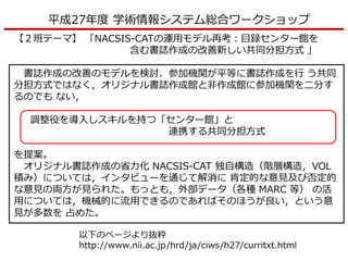 【２班テーマ】 「NACSIS-CATの運用モデル再考：目録センター館を
含む書誌作成の改善新しい共同分担方式 」
書誌作成の改善のモデルを検討、参加機関が平等に書誌作成を行 う共同
分担方式ではなく，オリジナル書誌作成館と非作成館に参加機関を二分す
るのでも ない，
調整役を導入しスキルを持つ「センター館」と
連携する共同分担方式
を提案。
オリジナル書誌作成の省力化 NACSIS-CAT 独自構造（階層構造，VOL
積み）については，インタビューを通じて解消に 肯定的な意見及び否定的
な意見の両方が見られた。もっとも，外部データ（各種 MARC 等） の活
用については，機械的に流用できるのであればそのほうが良い，という意
見が多数を 占めた。
平成27年度 学術情報システム総合ワークショップ
以下のページより抜粋
http://www.nii.ac.jp/hrd/ja/ciws/h27/curritxt.html
 