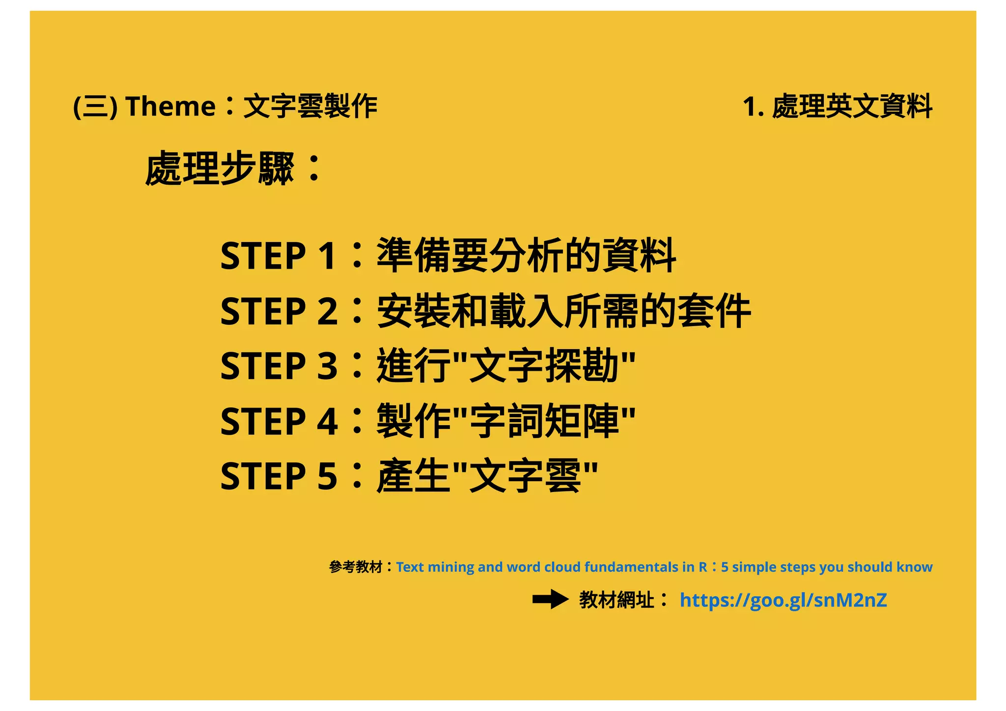 (三) Theme：文字雲製作 1. 處理英文資料
STEP 1：準備要分析的資料
STEP 2：安裝和載入所需的套件
STEP 3：進行"文字探勘"
STEP 4：製作"字詞矩陣"
STEP 5：產生"文字雲"
處理步驟：
參考教材：Text mining and word cloud fundamentals in R：5 simple steps you should know
https://goo.gl/snM2nZ教材網址：
 