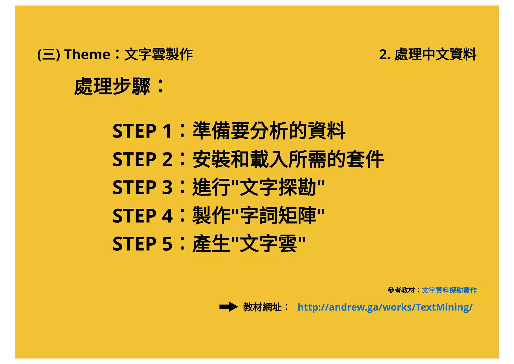 (三) Theme：文字雲製作 2. 處理中文資料
STEP 1：準備要分析的資料
STEP 2：安裝和載入所需的套件
STEP 3：進行"文字探勘"
STEP 4：製作"字詞矩陣"
STEP 5：產生"文字雲"
處理步驟：
參考教材：文字資料探勘實作
http://andrew.ga/works/TextMining/教材網址：
 