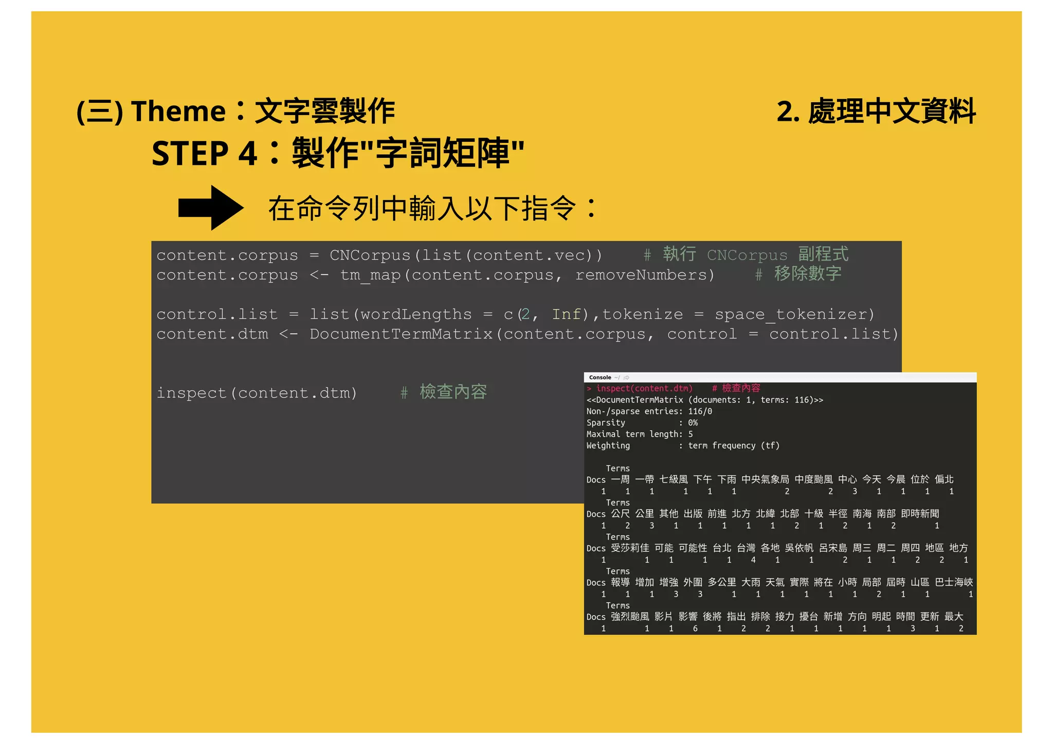(三) Theme：文字雲製作 2. 處理中文資料
在命令列中輸入以下指令：
content.corpus = CNCorpus(list(content.vec))    # 執行 CNCorpus 副程式 
content.corpus <­ tm_map(content.corpus, removeNumbers)    # 移除數字 
control.list = list(wordLengths = c(2, Inf),tokenize = space_tokenizer) 
content.dtm <­ DocumentTermMatrix(content.corpus, control = control.list) 
inspect(content.dtm)    # 檢查內容
STEP 4：製作"字詞矩陣"
 