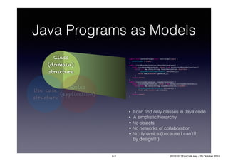Java Programs as Models
public void setParentScope(final StaticScope scope) {
parentScope_ = scope;
}
public List<ObjectDeclaration> objectDeclarations() {
final List<ObjectDeclaration> retval = new ArrayList<ObjectDeclaration>();
for (final Map.Entry<String, ObjectDeclaration> objectDecl :
objectDeclarationDictionary_.entrySet()) {
retval.add(objectDecl.getValue());
}
return retval;
}
public List<ClassDeclaration> classDeclarations() {
final List<ClassDeclaration> retval = new ArrayList<ClassDeclaration>();
for (final Map.Entry<String, ClassDeclaration> classDecl :
classDeclarationDictionary_.entrySet()) {
retval.add(classDecl.getValue());
}
return retval;
}
• I can ﬁnd only classes in Java code
• A simplistic hierarchy
• No objects
• No networks of collaboration
• No dynamics (because I can’t!!!
By design!!!)
Class
(domain)
structure
Use case
structure
Roles
(application)
8-2 20161017FooCafé.key - 28 October 2016
 