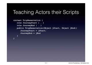 Teaching Actors their Scripts
context TripReservation {
role JourneyStart { … }
role JourneyEnd { … }
public TripReservation(Object jStart, Object jEnd){
JourneyStart = jStart;
JourneyEnd = jEnd
}
}
17-1 20161017FooCafé.key - 28 October 2016
 
