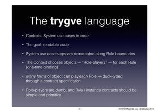 The trygve language
• Contexts: System use cases in code
• The goal: readable code
• System use case steps are demarcated along Role boundaries
• The Context chooses objects — “Role-players” — for each Role
(one-time binding)
• Many forms of object can play each Role — duck-typed
through a contract speciﬁcation
• Role-players are dumb, and Role / instance contracts should be
simple and primitive
23 20161017FooCafé.key - 28 October 2016
 