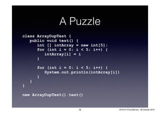 A Puzzle
class ArrayDupTest {
public void test() {
int [] intArray = new int[5];
for (int i = 0; i < 5; i++) {
intArray[i] = i
}
for (int i = 0; i < 5; i++) {
System.out.println(intArray[i])
}
}
}
new ArrayDupTest().test()
38 20161017FooCafé.key - 28 October 2016
 