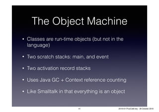The Object Machine
• Classes are run-time objects (but not in the
language)
• Two scratch stacks: main, and event
• Two activation record stacks
• Uses Java GC + Context reference counting
• Like Smalltalk in that everything is an object
41 20161017FooCafé.key - 28 October 2016
 
