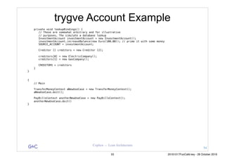 G&C Coplien — Lean Architecture
trygve Account Example
private void lookupBindings() {
// These are somewhat arbitrary and for illustrative
// purposes. The simulate a database lookup
InvestmentAccount investmentAccount = new InvestmentAccount();
investmentAccount.increaseBalance(new Euro(100.00)); // prime it with some money
SOURCE_ACCOUNT = investmentAccount;
Creditor [] creditors = new Creditor [2];
creditors[0] = new ElectricCompany();
creditors[1] = new GasCompany();
CREDITORS = creditors
}
}
{
// Main
TransferMoneyContext aNewUseCase = new TransferMoneyContext();
aNewUseCase.doit();
PayBillsContext anotherNewUseCase = new PayBillsContext();
anotherNewUseCase.doit()
}
54
55 20161017FooCafé.key - 28 October 2016
 