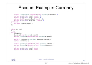 G&C Coplien — Lean Architecture
Account Example: Currency
virtual CurrencyBase &operator=(const Currency& amount) = 0;
virtual std::string name() const = 0;
virtual std::string sign() const = 0;
virtual double amountInEuro() const = 0;
virtual std::string asString() const = 0;
protected:
unsigned referenceCount_;
};
class Currency
{
public:
Currency();
Currency(const Currency& amount);
virtual Currency& operator=(const Currency& amount);
explicit Currency(CurrencyBase *derivedClassThis);
virtual ~Currency();
virtual Currency& operator+=(const Currency& amount);
virtual Currency& operator-=(const Currency& amount);
virtual std::string name() const;
virtual std::string sign() const;
60
61 20161017FooCafé.key - 28 October 2016
 