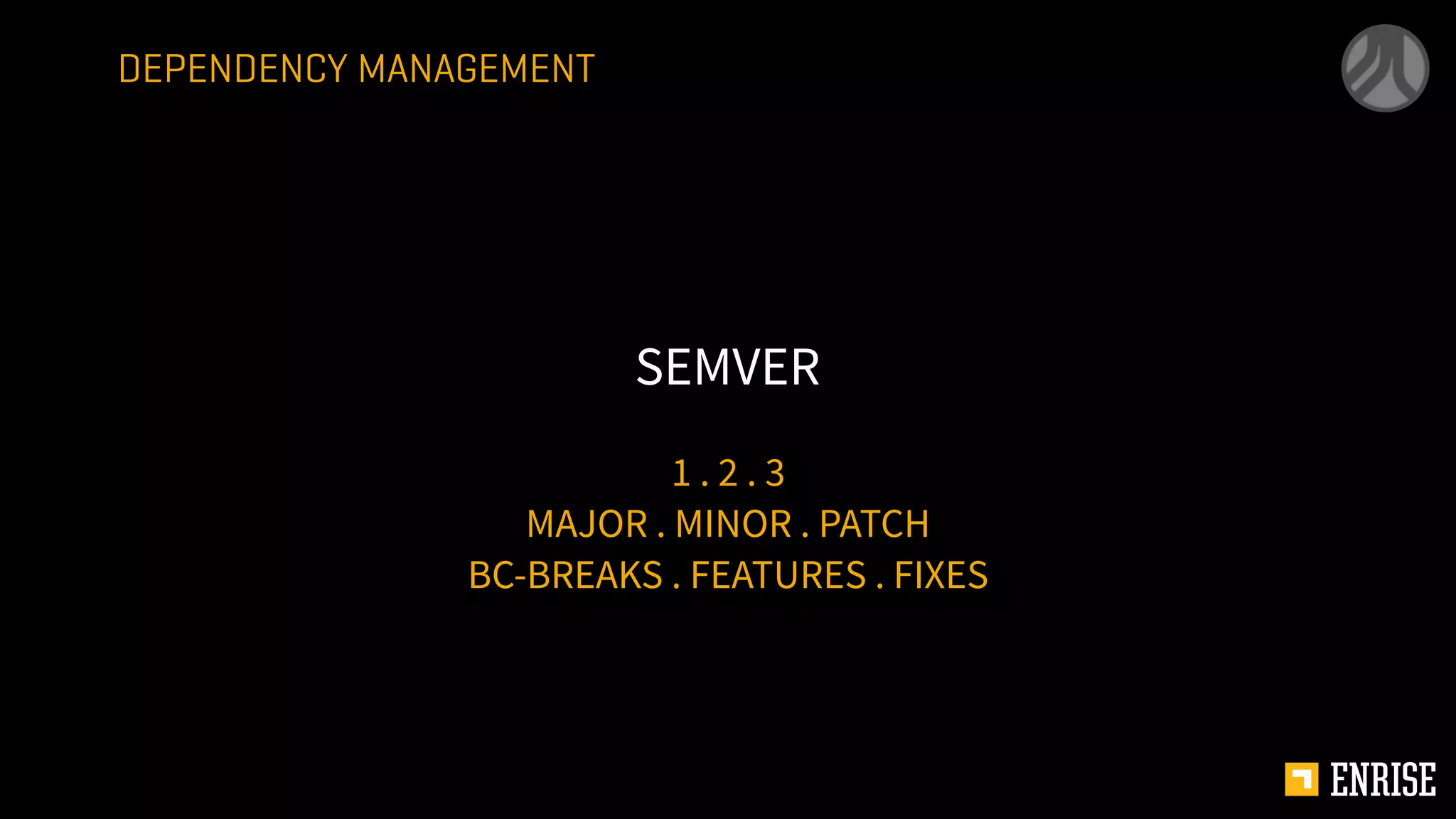 1 . 2 . 3
MAJOR . MINOR . PATCH
BC-BREAKS . FEATURES . FIXES
SEMVER
DEPENDENCY MANAGEMENT
 