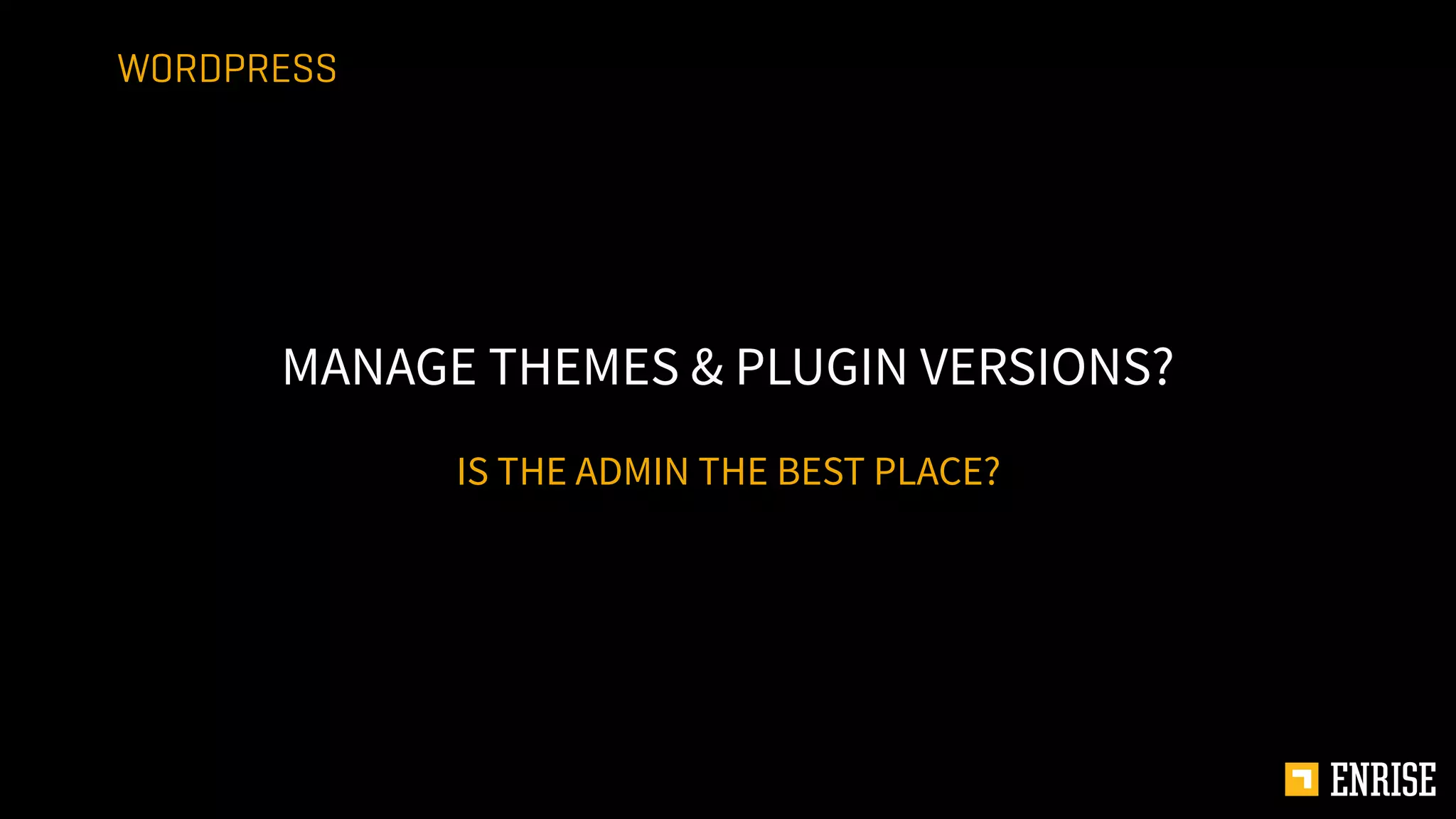 IS THE ADMIN THE BEST PLACE?
MANAGE THEMES & PLUGIN VERSIONS?
WORDPRESS
 