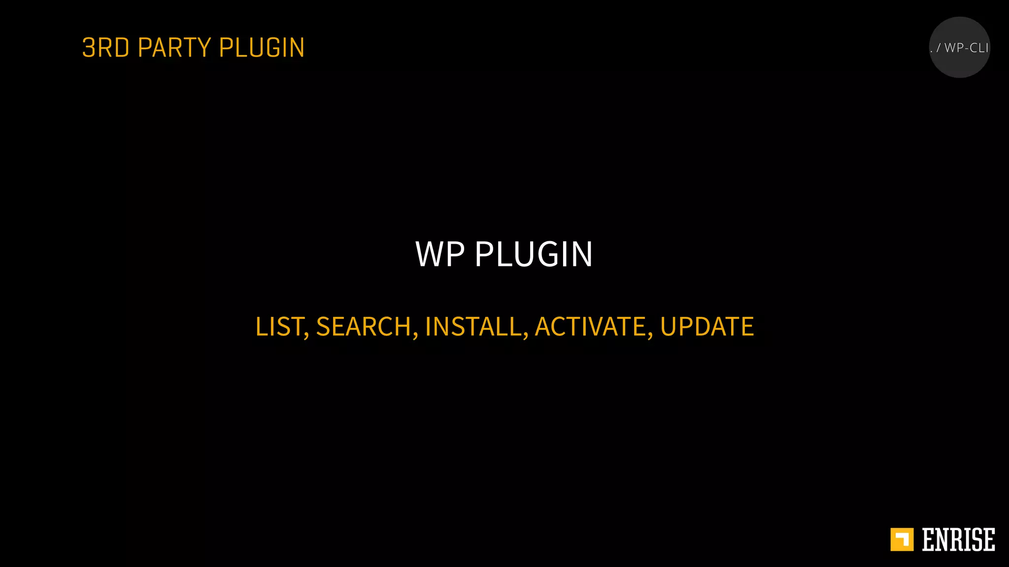 LIST, SEARCH, INSTALL, ACTIVATE, UPDATE
WP PLUGIN
3RD PARTY PLUGIN
 