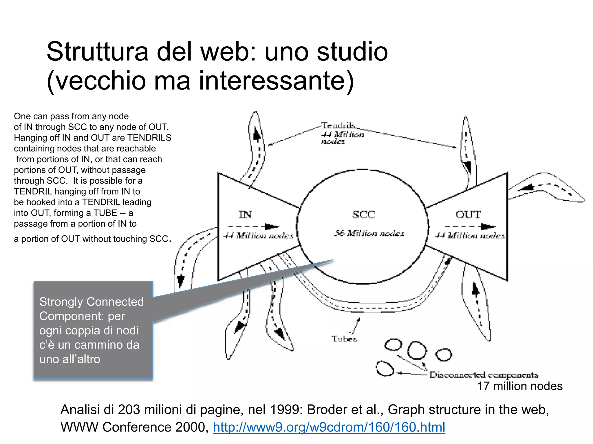 Struttura del web: uno studio
(vecchio ma interessante)
21
Analisi di 203 milioni di pagine, nel 1999: Broder et al., Graph structure in the web,
WWW Conference 2000, http://www9.org/w9cdrom/160/160.html
17 million nodes
Strongly Connected
Component: per
ogni coppia di nodi
c’è un cammino da
uno all’altro
One can pass from any node
of IN through SCC to any node of OUT.
Hanging off IN and OUT are TENDRILS
containing nodes that are reachable
from portions of IN, or that can reach
portions of OUT, without passage
through SCC. It is possible for a
TENDRIL hanging off from IN to
be hooked into a TENDRIL leading
into OUT, forming a TUBE -- a
passage from a portion of IN to
a portion of OUT without touching SCC.
 