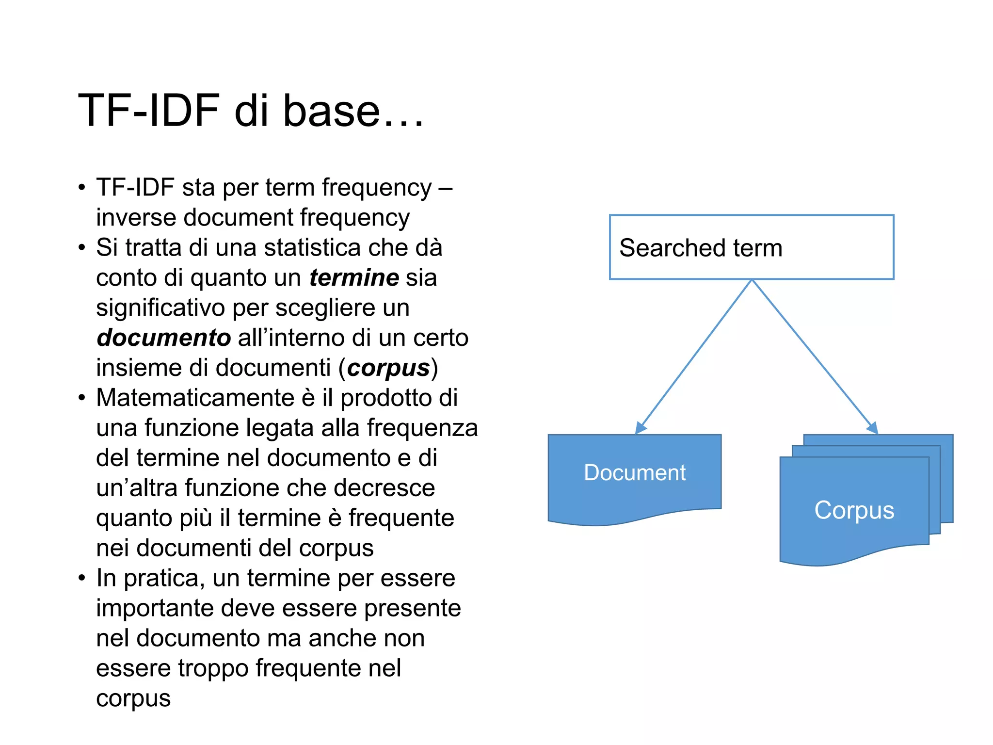 TF-IDF di base…
• TF-IDF sta per term frequency –
inverse document frequency
• Si tratta di una statistica che dà
conto di quanto un termine sia
significativo per scegliere un
documento all’interno di un certo
insieme di documenti (corpus)
• Matematicamente è il prodotto di
una funzione legata alla frequenza
del termine nel documento e di
un’altra funzione che decresce
quanto più il termine è frequente
nei documenti del corpus
• In pratica, un termine per essere
importante deve essere presente
nel documento ma anche non
essere troppo frequente nel
corpus
Corpus
Document
Searched term
 
