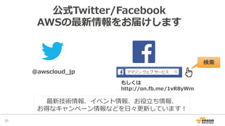 公式Twitter/Facebook
AWSの最新情報をお届けします
@awscloud_̲jp
検索索
最新技術情報、イベント情報、お役⽴立立ち情報、
お得なキャンペーン情報などを⽇日々更更新しています！
もしくは
http://on.fb.me/1vR8yWm
50	
 