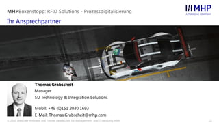 © 2016 Mieschke Hofmann und Partner Gesellschaft für Management- und IT-Beratung mbH 22
Ihr Ansprechpartner
MHPBoxenstopp: RFID Solutions - Prozessdigitalisierung
Thomas Grabscheit
Manager
SU Technology & Integration Solutions
Mobil: +49 (0)151 2030 1693
E-Mail: Thomas.Grabscheit@mhp.com
 