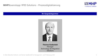 © 2016 Mieschke Hofmann und Partner Gesellschaft für Management- und IT-Beratung mbH 3
MHPBoxenstopp: RFID Solutions - Prozessdigitalisierung
Ihr Gesprächspartner
Thomas Grabscheit
Manager
Technology & Integration
Solutions
 
