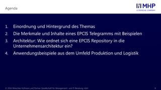 Agenda
© 2016 Mieschke Hofmann und Partner Gesellschaft für Management- und IT-Beratung mbH 8
1. Einordnung und Hintergrund des Themas
2. Die Merkmale und Inhalte eines EPCIS Telegramms mit Beispielen
3. Architektur: Wie ordnet sich eine EPCIS Repository in die
Unternehmensarchitektur ein?
4. Anwendungsbeispiele aus dem Umfeld Produktion und Logistik
 