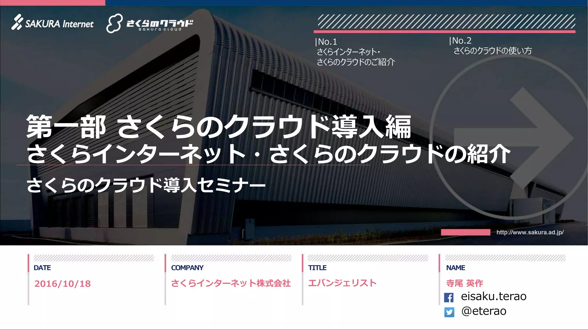 1
DATE COMPANY TITLE NAME
さくらのクラウド導入セミナー
第一部 さくらのクラウド導入編
さくらインターネット・さくらのクラウドの紹介
|No.2
さくらのクラウドの使い方
|No.1
さくらインターネット・
さくらのクラウドのご紹介
2016/10/18 さくらインターネット株式会社 寺尾 英作エバンジェリスト
eisaku.terao
@eterao
 