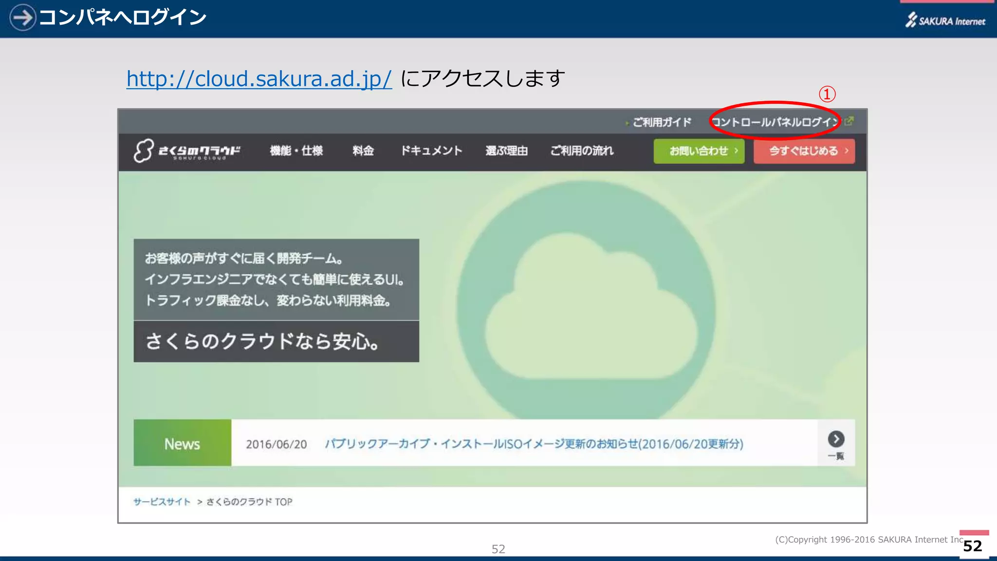 52
(C)Copyright 1996-2016 SAKURA Internet Inc.
http://cloud.sakura.ad.jp/ にアクセスします
コンパネへログイン
52
①
 