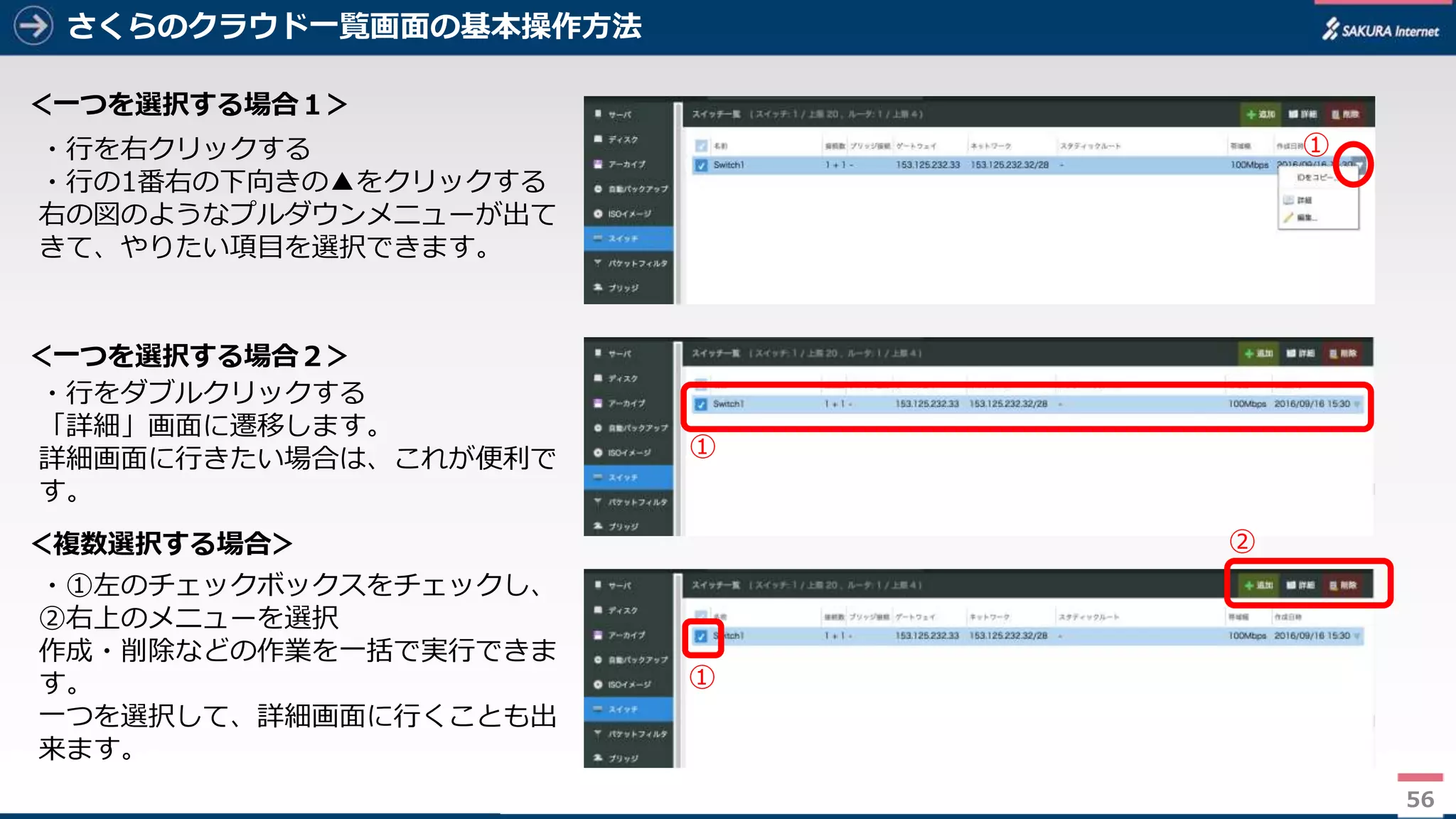 56
さくらのクラウド一覧画面の基本操作方法
56
＜一つを選択する場合１＞
＜複数選択する場合＞
＜一つを選択する場合２＞
・行を右クリックする
・行の1番右の下向きの▲をクリックする
右の図のようなプルダウンメニューが出て
きて、やりたい項目を選択できます。
・行をダブルクリックする
「詳細」画面に遷移します。
詳細画面に行きたい場合は、これが便利で
す。
・①左のチェックボックスをチェックし、
②右上のメニューを選択
作成・削除などの作業を一括で実行できま
す。
一つを選択して、詳細画面に行くことも出
来ます。
①
①
①
②
 
