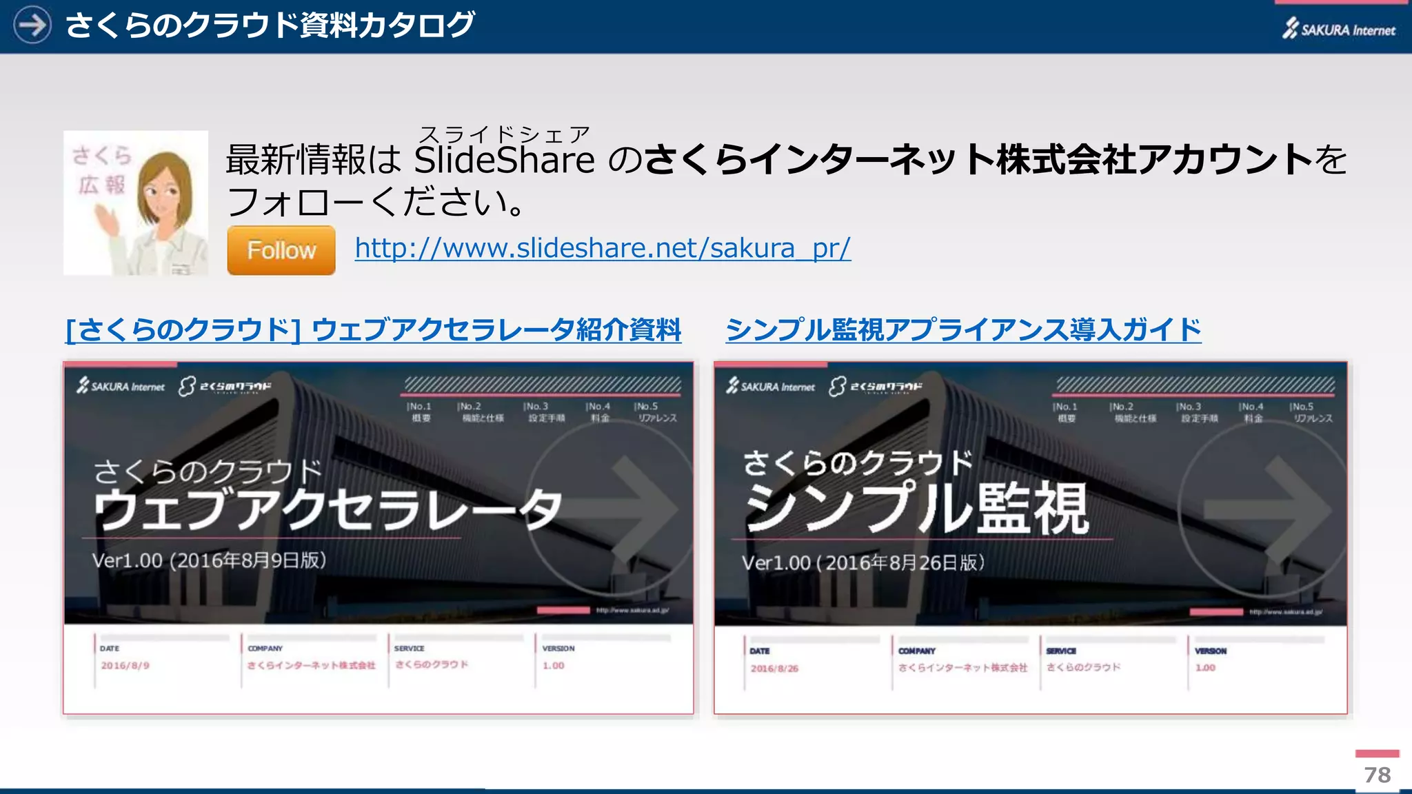 78
さくらのクラウド資料カタログ
78
最新情報は SlideShare のさくらインターネット株式会社アカウントを
フォローください。
http://www.slideshare.net/sakura_pr/
ス ラ イ ド シ ェ ア
[さくらのクラウド] ウェブアクセラレータ紹介資料 シンプル監視アプライアンス導入ガイド
 