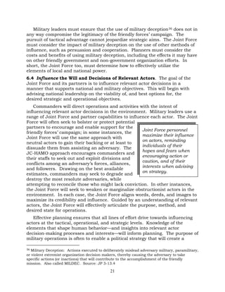 21
Military leaders must ensure that the use of military deception36 does not in
any way compromise the legitimacy of the friendly forces’ campaign. The
pursuit of tactical advantage cannot jeopardize strategic aims. The Joint Force
must consider the impact of military deception on the use of other methods of
influence, such as persuasion and cooperation. Planners must consider the
costs and benefits of using military deception, including the effects it may have
on other friendly government and non-government organization efforts. In
short, the Joint Force too, must determine how to effectively utilize the
elements of local and national power.
6.4 Influence the Will and Decisions of Relevant Actors. The goal of the
Joint Force and its partners is to influence relevant actor decisions in a
manner that supports national and military objectives. This will begin with
advising national leadership on the viability of, and best options for, the
desired strategic and operational objectives.
Commanders will direct operations and activities with the intent of
influencing relevant actor decisions in the environment. Military leaders use a
range of Joint Force and partner capabilities to influence each actor. The Joint
Force will often seek to bolster or protect potential
partners to encourage and enable support for the
friendly forces’ campaign; in some instances, the
Joint Force will use the same approach with
neutral actors to gain their backing or at least to
dissuade them from assisting an adversary. The
JC-HAMO approach encourages commanders and
their staffs to seek out and exploit divisions and
conflicts among an adversary’s forces, alliances,
and followers. Drawing on the best available
estimates, commanders may seek to degrade and
destroy the most resolute adversaries, while
attempting to reconcile those who might lack conviction. In other instances,
the Joint Force will seek to weaken or marginalize obstructionist actors in the
environment. In each case, the Joint Force aligns words, deeds, and images to
maximize its credibility and influence. Guided by an understanding of relevant
actors, the Joint Force will effectively articulate the purpose, method, and
desired state for operations.
Effective planning ensures that all lines of effort drive towards influencing
actors at the tactical, operational, and strategic levels. Knowledge of the
elements that shape human behavior—and insights into relevant actor
decision-making processes and interests—will inform planning. The purpose of
military operations is often to enable a political strategy that will create a
36 Military Deception: Actions executed to deliberately mislead adversary military, paramilitary,
or violent extremist organization decision makers, thereby causing the adversary to take
specific actions (or inactions) that will contribute to the accomplishment of the friendly
mission. Also called MILDEC. Source: JP 3-13.4
Joint Force personnel
maximize their influence
on actors, reminding
individuals of their
hopes and fears when
encouraging action or
caution, and of their
interests when advising
on strategy.
 