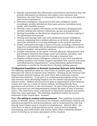 28
• Identify and prioritize key information requirements and sources that will
provide information on elements that impact actor decisions and
behaviors; the Joint Force is interested in relevant actors in the physical
and virtual environments.
• Determine intelligence requirements and task intelligence assets
accordingly; develop information from open sources, including social
media, and classified sources.
• Develop a plan to gather information on the elements shaping human
decision making and relevant individuals, groups and populations.
• Develop knowledge on the elements shaping human decision making in
the operational environment.
• Develop and manage both overt and clandestine human intelligence
sources, employing DoD-certified collectors at all levels, while paying
particular attention to recurring challenges at the tactical unit level.
• Gather information through a variety of means, including cultivation of
long-term relationships with professionals/experts/academics to obtain
advanced insights and predictive analysis.
• Analyze information on the social, cultural, physical, informational, and
psychological elements that shape actors’ perceptions, decisions, and
behavior—and which they perceive through a temporal lens.
• Employ certified human intelligence collectors to pre-brief and debrief
military members and civilian support specialists who interact with local
and allied/partner organizations—using information gathered during
operations to enable the friendly forces’ decision making process.
7.2 Required Capabilities to Evaluate Contextual Relevant Actor Behavior.
The following capabilities allow the Joint Force to examine past actions and
determine the drivers of relevant actor behavior. Drawing on the elements that
shape human decision making, the Joint Force will continually evaluate
relevant actor behavior. A key goal is to understand perceptions of fear, honor
and interests, while developing insights into the motives and perspective of
relevant actors. Military personnel must gain an appreciation of how behavior
evolves over time as a result of various stimuli, including friendly force
operations and activities in the environment. As part of this pursuit, the Joint
Force must seek out and dispassionately analyze the point of view of relevant
actors. The Joint Force must understand an adversary’s priorities and assess
what they value and reject. The following capabilities enable the second
imperative of the Central Idea: Evaluate.
7.2.1 The ability to conduct self-assessments. This capability includes the
means to identify, assess, and account for national, institutional, cultural and
individual perspectives and preconceptions, and to understand the risk that
friendly forces’ biases pose to mission accomplishment. Desired effect: the
Joint Force is able to avoid perceptual errors, such as mirror imaging,
stereotyping, and confirmation and activity biases when evaluating relevant
actors to develop an accurate assessment of the situation.
 
