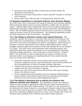 31
• Determine and weigh the effect of adversary activities within the
operational environment.
• Examine social media information to detect possible changes in relevant
actor behavior.
• Assess Joint Force effectiveness in bringing about desired ends.
7.3 Required Capabilities to Anticipate Relevant Actor Decision Making.
The Joint Force tries to determine the range of relevant actor decision options,
while assessing which actions are most probable or might have the greatest
impact. Similar efforts have traditionally been central to military planning, as
commanders and their staffs evaluate an enemy’s most likely and dangerous
COAs. The JC-HAMO approach extends this Joint Force practice to a broader
range of relevant actors in the environment. The following capabilities enable
the third imperative of the Central Idea: Anticipate.
7.3.1 The ability to determine relevant actor desired behavior. This
capability includes the means to ascertain what relevant actor behavior will
best enable the accomplishment of friendly forces’ objectives. In general, the
Joint Force will seek to strengthen the resolve, commitment, and resiliency of
partners; convince adversaries of the futility of their efforts and/or armed
struggle; and persuade neutral parties to side with friendly forces and support
U.S. goals. The Joint Force must determine what individual, group, and
population behaviors would be beneficial to the accomplishment of tactical
through strategic objectives. Actors may face a series of choices. Desired
effect: the Joint Force is able to understand the impact of relevant actor
decisions before encouraging or compelling behavior that enables friendly
forces to achieve their objectives.
• Determine desirable relevant-actor actions and activities—political,
economic, military/security, and informational—that would contribute to
the accomplishment of tactical through strategic objectives.
• Understand the choices relevant actors face regarding who they decide to
support and who they determine to oppose.
• Assess how Joint Force operations and activities will create strategic
choices for relevant actors.
• Pursue collaboration with friendly actors by working collaboratively to
frame problems and identify shared interests; promote partnerships
based on trust and mutual understanding and respect.
7.3.2 The ability to determine how to address the elements that
influence relevant actor behavior. This capability includes the means to
build on initial insights regarding the elements that shape human decision
making to develop advanced understanding. The goal is to use awareness of
the elements that shape behavior to encourage or compel conduct that enables
the Joint Force and its partners to achieve their objectives. Desired effect: the
Joint Force develops insightful objectives, actions, and activities that draw on a
detailed understanding of the elements that shape human behavior.
 