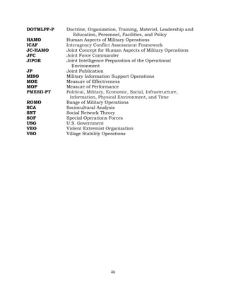 46
DOTMLPF-P Doctrine, Organization, Training, Materiel, Leadership and
Education, Personnel, Facilities, and Policy
HAMO Human Aspects of Military Operations
ICAF Interagency Conflict Assessment Framework
JC-HAMO Joint Concept for Human Aspects of Military Operations
JFC Joint Force Commander
JIPOE Joint Intelligence Preparation of the Operational
Environment
JP Joint Publication
MISO Military Information Support Operations
MOE Measure of Effectiveness
MOP Measure of Performance
PMESII-PT Political, Military, Economic, Social, Infrastructure,
Information, Physical Environment, and Time
ROMO Range of Military Operations
SCA Sociocultural Analysis
SNT Social Network Theory
SOF Special Operations Forces
USG U.S. Government
VEO Violent Extremist Organization
VSO Village Stability Operations
 