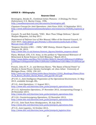 47
ANNEX B – Bibliography
Sources Cited
Brewington, Brooks R., Combined Action Platoons: A Strategy For Peace
Enforcement, U.S. Marine Corps, 1996,
http://smallwarsjournal.com/documents/brewington.pdf.
Capstone Concept for Joint Operations: Joint Force 2020, 10 September 2012,
http://www.defenseinnovationmarketplace.mil/resources/JV2020_Capstone.p
df.
Connett, Ty and Bob Cassidy, “VSO: More Than Village Defense,” Special
Warfare Magazine, Jul-Sep 2011.
Department of Defense Law of War Manual, Office of the General Council, 12
June 2015, www.defense.gov/Portals/1/Documents/pubs/Law-of-War-
Manual-June-2015.pdf.
“Emperor Hirohito (1901 – 1989),” BBC History, Historic Figures, accessed
January 29, 2015,
http://www.bbc.co.uk/history/historic_figures/hirohito_emperor.shtml.
Flynn, Michael, LTG, U.S. Army, in the preface to “Operational Relevance of
Behavioral & Social Science to DoD Missions,” March 2013,
http://www.fabbs.org/files/7613/6396/3846/U_Social%20Science%20White
%20Paper%20Approved%20for%20Public%20Release%2014Mar13%20Final.pd
f.
French, John R. P., Jr. and Bertram Raven, “The Bases of Social Power” in
Studies in Social Power, Dorwin Cartwright, ed. (Ann Arbor: University of
Michigan Press, 1959), 150-167,
http://web.mit.edu/curhan/www/docs/Articles/15341_Readings/Power/Fren
ch_&_Raven_Studies_Social_Power_ch9_pp150-167.pdf.
JP 2-01.3, Joint Intelligence Preparation of the Operational Environment, 21 May
2014, available through JEL.
JP 3-0, Joint Operations, 11 August 2011,
http://www.dtic.mil/doctrine/new_pubs/jointpub_operations.htm.
JP 3-13, Information Operations, 27 November 2012, incorporating Change 1,
20 November 2014,
http://www.dtic.mil/doctrine/new_pubs/jointpub_operations.htm.
JP 3-24, Counterinsurgency Operations, 22 November 2013,
http://www.dtic.mil/doctrine/new_pubs/jointpub_operations.htm.
JP 3-33, Joint Task Force Headquarters, 30 July 2012,
http://www.dtic.mil/doctrine/new_pubs/jointpub_operations.htm.
JP 4-0, Joint Logistics, 16 October 2013,
http://www.dtic.mil/doctrine/new_pubs/jointpub_logistics.htm.
 