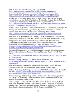 48
JP 5-0, Joint Operation Planning, 11 August 2011,
http://www.dtic.mil/doctrine/new_pubs/jointpub_planning.htm.
Kagan, Frederick, “War and Aftermath,” Policy Review, August 2003,
http://users.clas.ufl.edu/zselden/Course%20Readings/FKagan.pdf.
Knight, Mark, “Security Sector Reform: Post-conflict Integration,” report
commissioned by the Global Facilitation Network for Security Sector Reform,
University of Birmingham, United Kingdom, August 2009, 47,
http://www.operationspaix.net/DATA/DOCUMENT/5064~v~Security_Sector_
Reform__Post-Conflict_Integration.pdf.
Mattis, James N., General, USMC, in the foreword to Operational Culture for the
Warfighter: Principals and Applications, by Barak A. Salmoni and Paula
Holmes-Eber (Quantico: Marine Corps University Press, 2008),
http://www.clausewitz.com/bibl/MCU-OpCultureForTheWarfighter.pdf.
McMaster, H.R. “Continuity and Change: The Army Operating Concept and
Clear Thinking About Future War,” Military Review, March-April 2015, 6-20.
Morgenstein, Jonathan, “Consolidating Disarmament: Lessons from
Colombia’s Reintegration Program for Demobilized Paramilitaries”, Special
Report 217, United States Institute of Peace, November 2008,
http://www.usip.org/publications/consolidating-disarmament-lessons-
colombia-s-reintegration-program-demobilized.
National Military Strategy of the United States of America: The United States
Military’s Contribution to National Security, The Joint Chiefs of Staff, June
2015,
http://www.jcs.mil/Portals/36/Documents/Publications/2015_National_Milit
ary_Strategy.pdf.
National Security Strategy, The White House, February 2015,
https://www.whitehouse.gov/sites/default/files/docs/2015_national_security_
strategy.pdf.
Paul, Richard and Linda Elder, The Miniature Guide to Critical Thinking:
Concepts and Tools, The Foundation for Critical Thinking, 2008.
“Policy: Protecting the UK against terrorism,” GOV.UK, last modified September
30, 2014, https://www.gov.uk/government/policies/protecting-the-uk-
against-terrorism/supporting-pages/prevent.
Prevent Strategy, UK Secretary of State for the Home Department, printed in
the UK by The Stationery Office Limited on behalf of the Controller of Her
Majesty’s Stationery Office, 2011.
Rabasa, Angel and John Gordon IV, Peter Chalk, Audra K. Grant, K. Scott
McMahon, Stephanie Pezard, Caroline Reilly, David Ucko, and S. Rebecca
Zimmerman, From Insurgency to Stability, Volume II: Insights from Selected
Case Studies (Santa Monica, CA: RAND Corporation, 2011), 77.
 