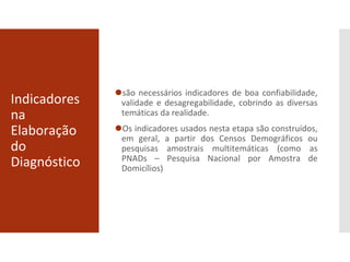 Indicadores
na
Elaboração
do
Diagnóstico
⚫são necessários indicadores de boa confiabilidade,
validade e desagregabilidade, cobrindo as diversas
temáticas da realidade.
⚫Os indicadores usados nesta etapa são construídos,
em geral, a partir dos Censos Demográficos ou
pesquisas amostrais multitemáticas (como as
PNADs – Pesquisa Nacional por Amostra de
Domicílios)
 