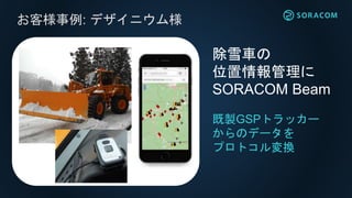 お客様事例: デザイニウム様
除雪車の
位置情報管理に
SORACOM Beam
既製GSPトラッカー
からのデータを
プロトコル変換
 