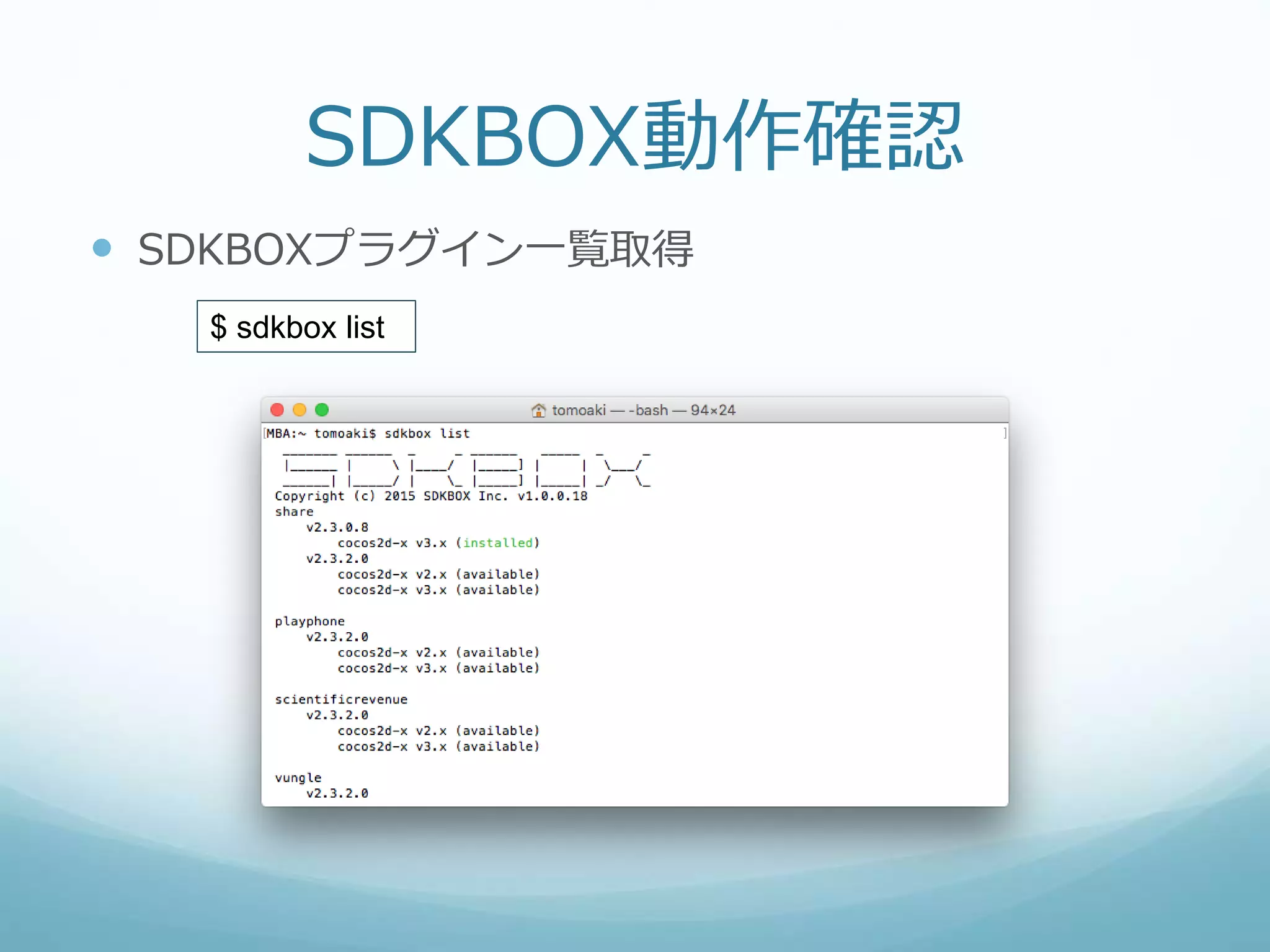 SDKBOX動作確認
 SDKBOXプラグイン一覧取得
$ sdkbox list
 