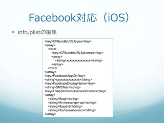 Facebook対応（Android）
 res/values/strings.xmlの編集
<?xml version='1.0' encoding='UTF-8'?>
<resources>
<string name="app_name"...