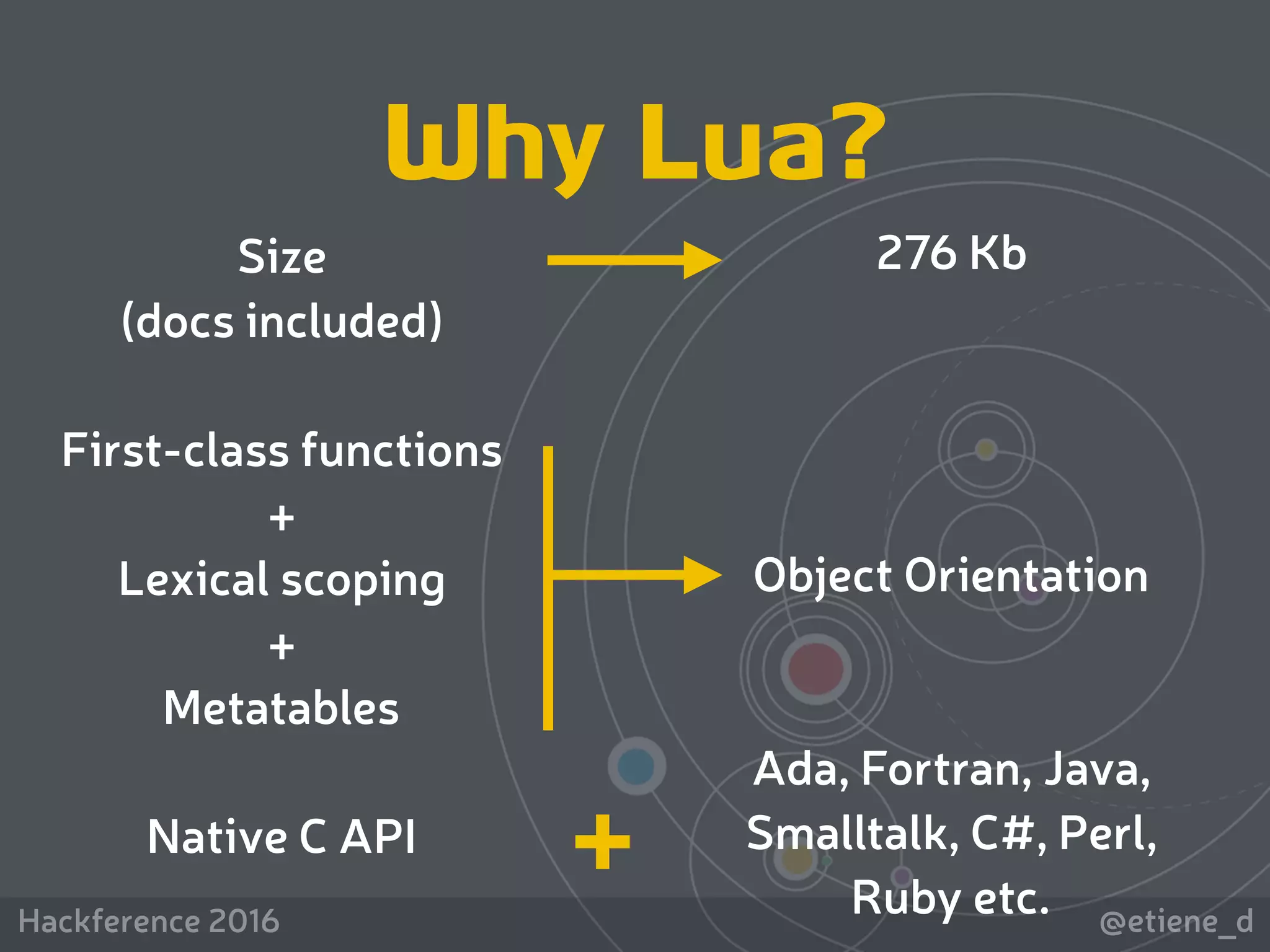@etiene_dHackference 2016
Why Lua?
Size
(docs included)
First-class functions 
+
Lexical scoping
+
Metatables
Native C API
276 Kb
Object Orientation
Ada, Fortran, Java,
Smalltalk, C#, Perl,
Ruby etc.
+
 