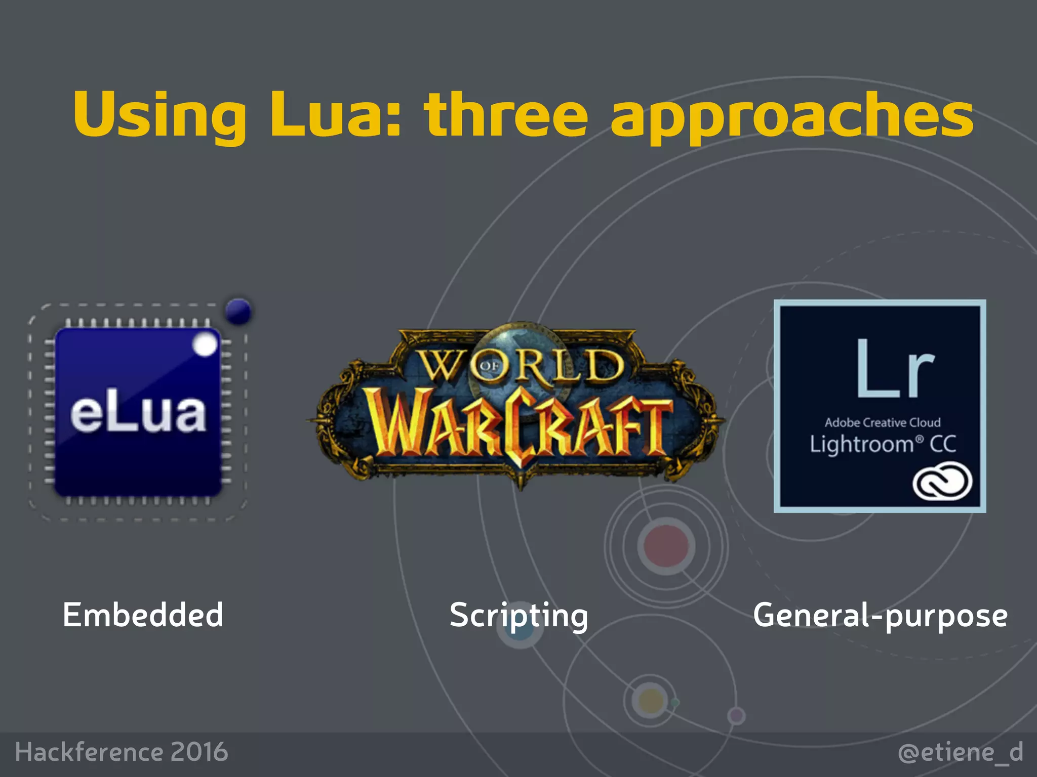 @etiene_dHackference 2016
Using Lua: three approaches
Embedded Scripting General-purpose
 